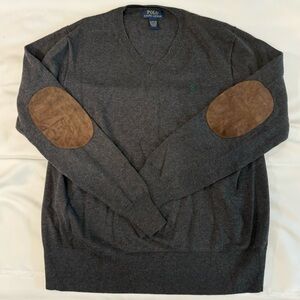 Polo Ralph Lauren Gray V-neck Sweater, Brown Elbow Patch Sweater, Gray Pullover